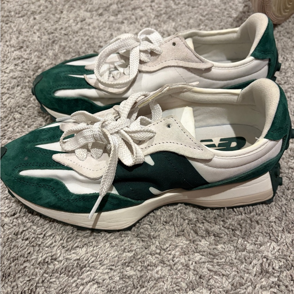 New Balance Forest Green and White Sneakers (green, women’s 9)
